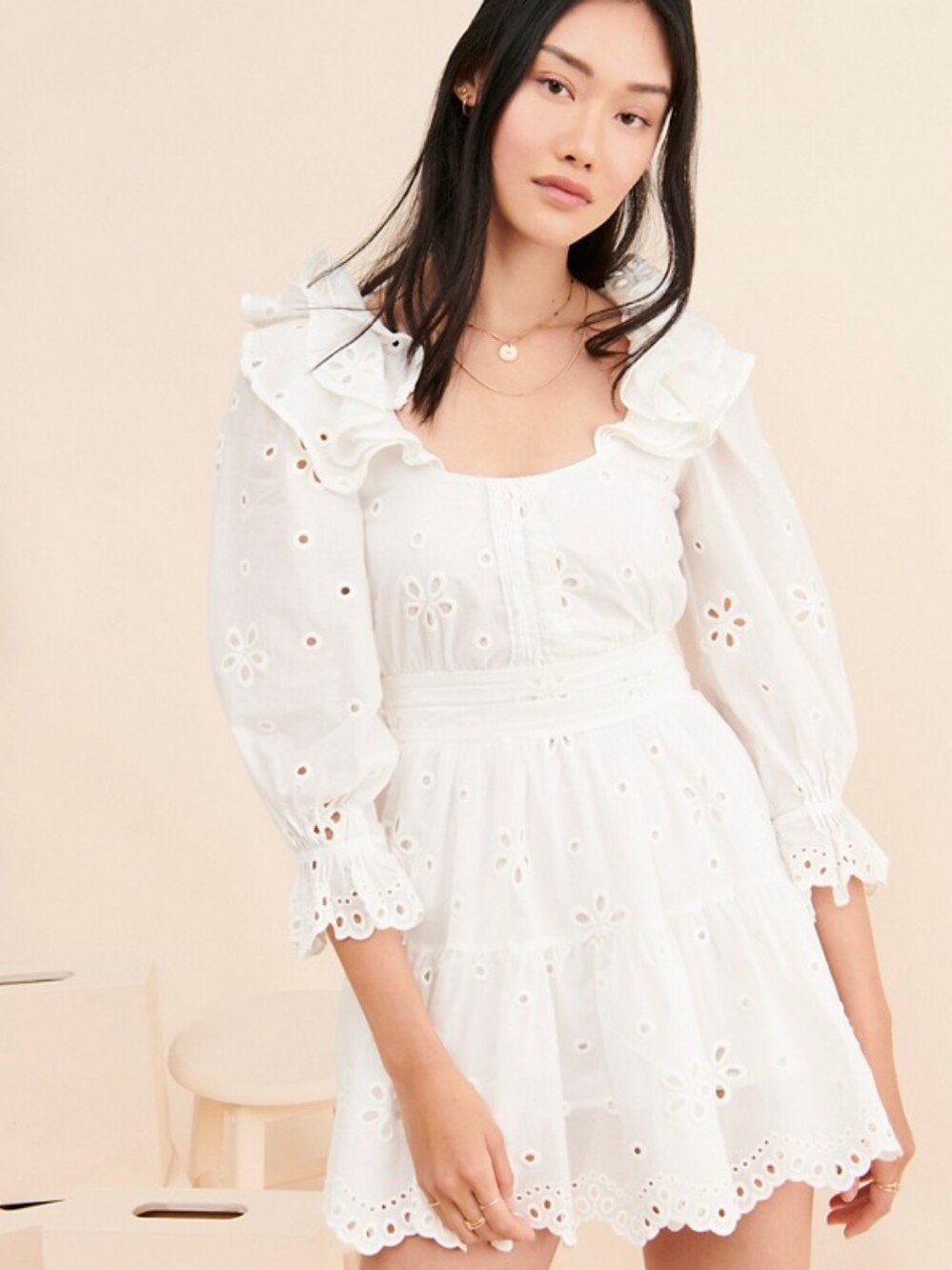 For Love & Lemons Serena Embroidered White Mini Dress Cotton Small